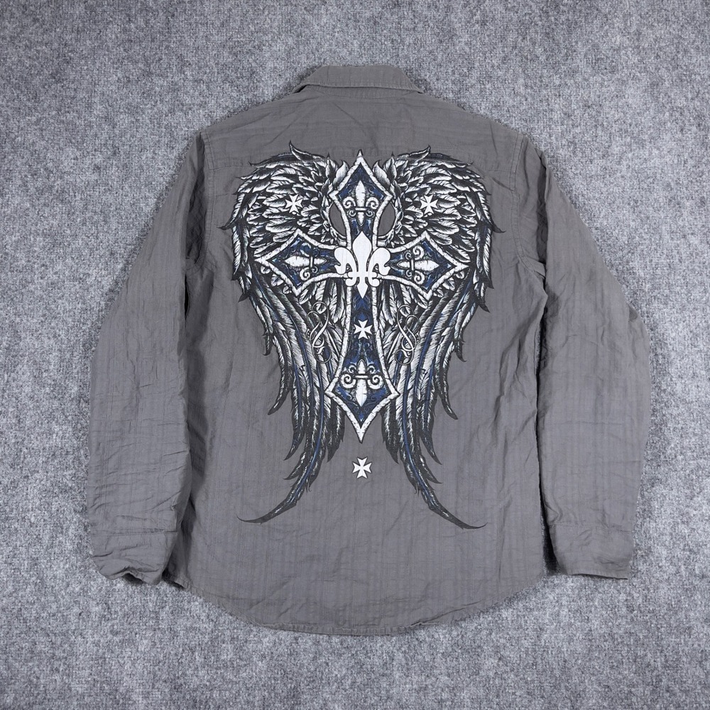 Y2K Eighty Eight Button Down Shirt Mens Medium Grey Cross Wings Gothic LS